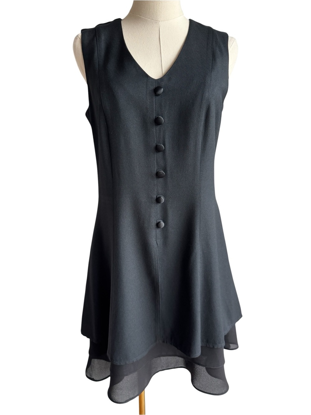 Vintage 90s Black Sleeveless Dress Sz S/M Button Front Chiffon Hem Cocktail LBD